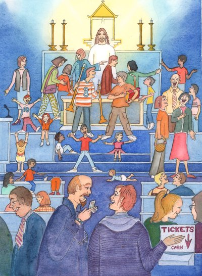 Vanuit het tabernakel kijkt Christus verdrietig toe, terwijl Hij ziet hoe Zijn heilige 
