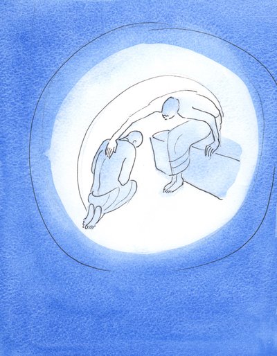 God de Vader, zich bewust van de verschrikkelijke kosten van de Incarnatie, reikt uit, door Zijn Heilige Geest, naar Zijn Geliefde Zoon, die bereidwillig toestemt om naar de aarde te komen voor onze redding door Elizabeth Wang