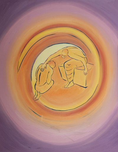 God de Vader, zich bewust van de verschrikkelijke kosten van de incarnatie, reikt uit, door Zijn Heilige Geest, naar Zijn Geliefde Zoon, die bereidwillig instemt om naar de aarde te komen voor onze redding door Elizabeth Wang