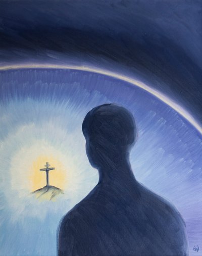 God de Vader kijkt in liefde en bewondering neer terwijl Christus vrijwillig leed om Zijn plan te vervullen om zondaars te redden door Elizabeth Wang