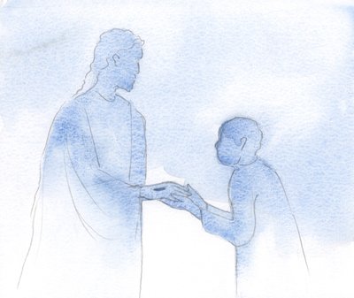 Zijn hand vasthoudend, zij aan zij met Hem, moet ik pleiten voor de levenden en de overledenen, Zijn gewonde hand vasthoudend door Elizabeth Wang