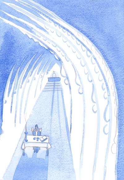 Heilige Engelen, hoog boven, omringen ons altaar, kijkend ernaar, klaar om Onze Heer te aanbidden wanneer Hij voor ons aanwezig wordt door Elizabeth Wang