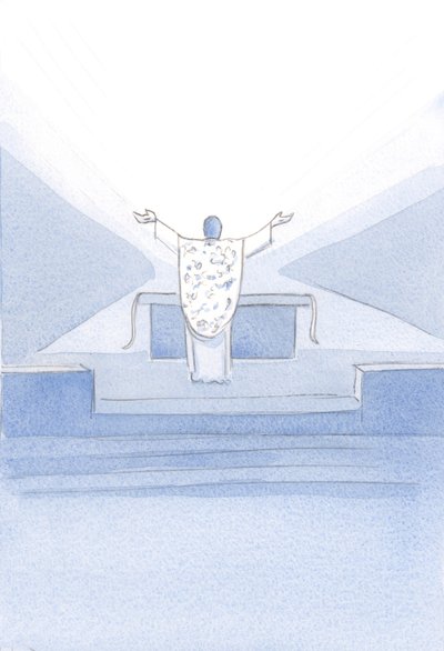 Ik zag Christus, na de Consecratie. Hij stond voor het altaar, met opgeheven handen, en bad Zijn priesterlijke gebeden (ook de onze) tot de Vader boven. door Elizabeth Wang