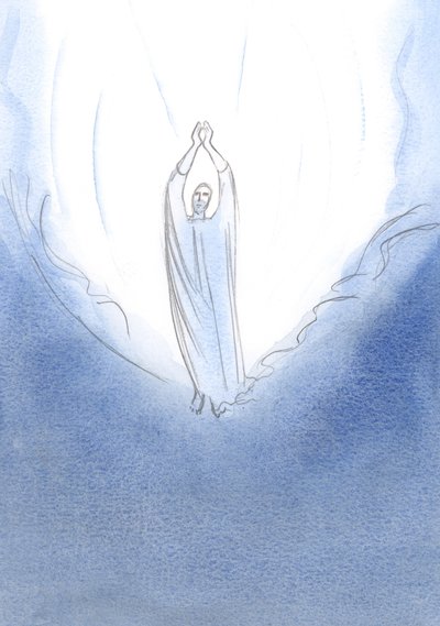 Ik zag Christus staan op de rand van de hemel, Zijn armen uitgestrekt in gebed: wat ik ook vraag aan de Vader, Jezus in de hemel vraagt het voor mij. door Elizabeth Wang