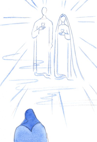 Mij werden de Twee Harten getoond: van de zondeloze Christus en van Zijn Onbevlekte Moeder, in het stralende licht van de hemel door Elizabeth Wang