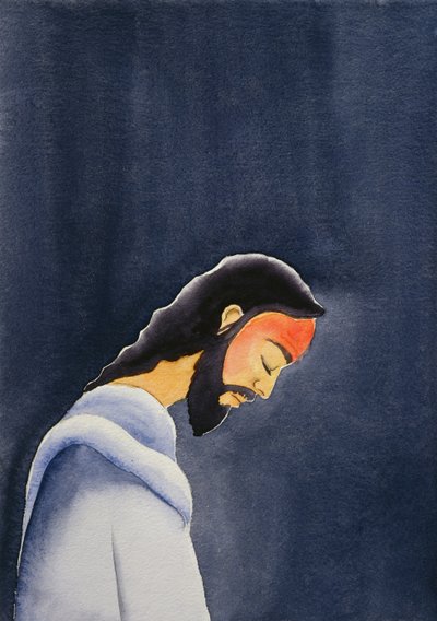 In Zijn doodsangst bidt Jezus in Gethsemane tot Zijn Vader. door Elizabeth Wang