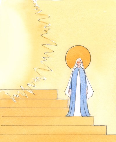 In een afbeelding van het Hemelse Hof, waar God de Vader in glorie regeert, wordt Onze Lieve Vrouw op de treden geplaatst die naar de troon van de Vader leiden door Elizabeth Wang