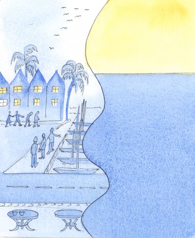 In een kustplaats kunnen we naar de drukke straten en haven kijken, of ons omdraaien om de lucht en de kalme zee te bewonderen door Elizabeth Wang