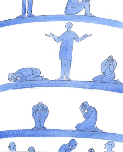 In de lagere diepten van het Vagevuur zijn zielen - zoals wanhopige mensen in een middeleeuwse kerker die dicht bij de muren kruipen - die niemand hebben om voor hen te bidden door Elizabeth Wang