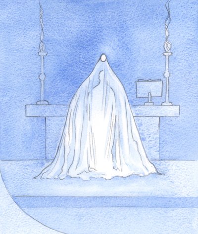 Jezus is God-met-ons, bij de consecratie, Zijn glorie verhullend, maar alle glorie die hier voor ons verborgen is, wordt hier aan de Vader aangeboden. door Elizabeth Wang