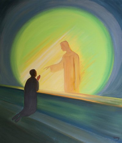 Jezus reikt naar ons uit in de Heilige Communie om onze lasten te verlichten en ons vreugde te geven. door Elizabeth Wang