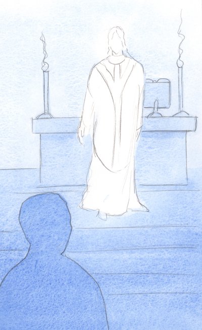Jezus was aanwezig onder ons bij de Mis, gekleed als een priester, zich naar ons kerend om ons in gebed te leiden door Elizabeth Wang