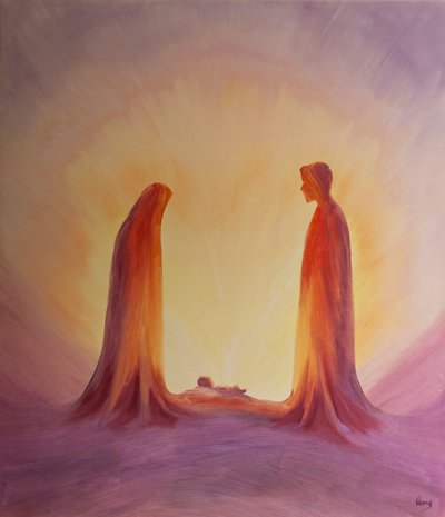 Maria en Jozef kijken met geloof naar het kind Jezus bij zijn geboorte door Elizabeth Wang