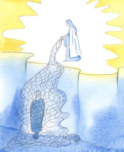 Bij het zien van ons naderen van een heiligdom, en bij het zien van onze devotie, laat een heilige een 