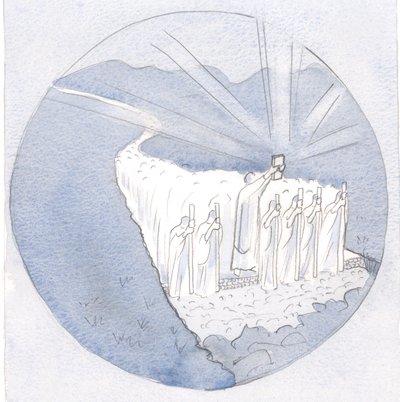 Op de weg van de Heilige Traditie, de Heilige Schrift hooghoudend, lopen de leraren: bisschoppen en priesters met al het volk door Elizabeth Wang