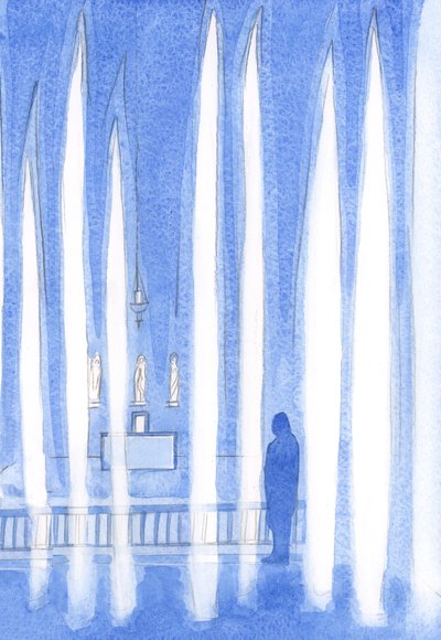 Degene die gaat bidden voor Christus in het Heilig Sacrament plaatst zichzelf tussen de Engelen die in stille aanbidding staan. door Elizabeth Wang