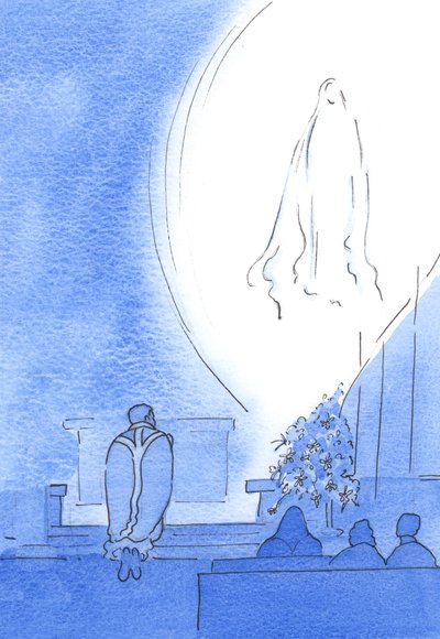 Onze Lieve Vrouw verscheen in een stralend licht, dichtbij ons, genietend van onze devotie terwijl we allemaal de rozenkrans baden in mei door Elizabeth Wang