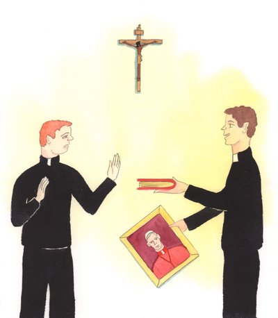 Sommige priesters willen hun roeping volgen op hun eigen voorwaarden, 2005 (aquarel op papier) door Elizabeth Wang