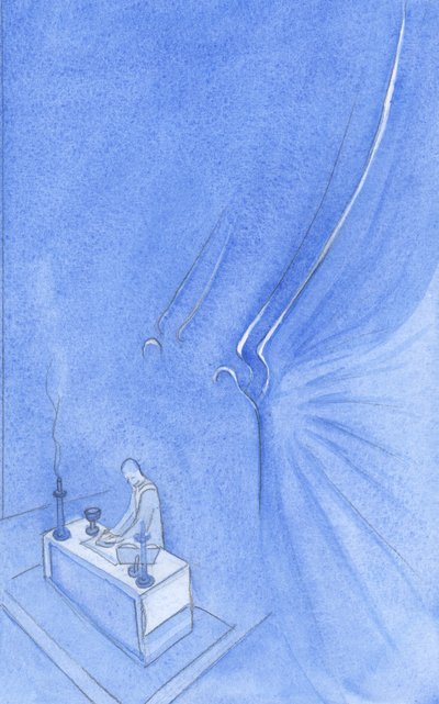 Achter het altaar staan twee heilige engelen: lang, ontzagwekkend, mooi als een vorm in het vuurlicht, glanzend goud op hoofd en vleugel, 2001 door Elizabeth Wang