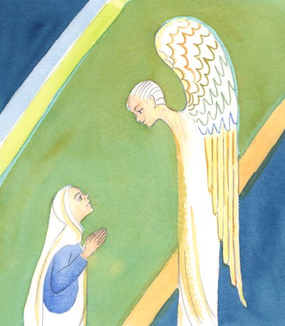 De engel zei tegen Maria: "Wees niet bang, Maria, want je hebt genade gevonden bij God, 2005 (aquarel op papier) door Elizabeth Wang