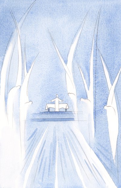 De engelen buigen bij Christus