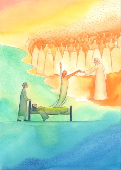 De Heilige Ziel die klaar is voor de Hemel wordt niet alleen door Christus ontmoet, maar ook door Zijn heilige Moeder en alle Heiligen door Elizabeth Wang