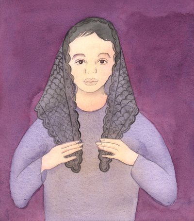 De Heer vroeg me een tekening te maken van een vrouw die haar mantilla draagt in de kerk volgens oud gebruik, 2004 (aquarel op papier) door Elizabeth Wang