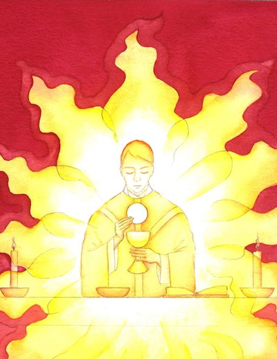 De aanwezigheid van Jezus in de Eucharistie is als een laaiend vuur van glorie door Elizabeth Wang