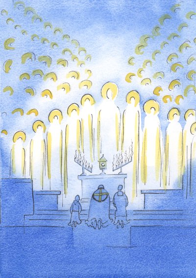 De heiligen zijn hier verzameld met Christus, bij de expositie, allemaal stralend van vreugde om Zijn liefde en onze toewijding door Elizabeth Wang