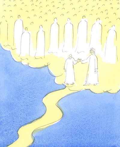 De gezegende ziel die tot het einde heeft volhard in de liefde voor Christus en haar naaste, wordt door Christus bij de hand genomen om de hemelse vrienden te ontmoeten die verzameld zijn om haar in hun gezelschap te verwelkomen door Elizabeth Wang