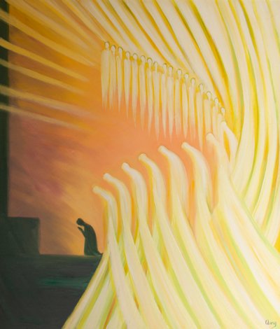 De heilige engelen buigen met ons in eerbiedig gebed wanneer we God eer geven. door Elizabeth Wang