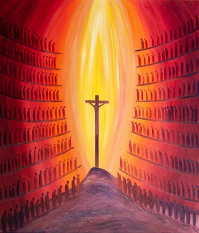 Door de Mis is elke generatie van Gods volk aanwezig bij het ene Offer van Christus zoals het wordt vertegenwoordigd op het altaar. door Elizabeth Wang