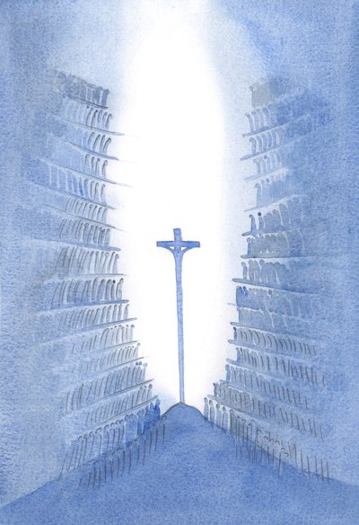 Door de Mis is elke generatie van Gods volk aanwezig bij het ene Offer aan Christus zoals het wordt vertegenwoordigd op het altaar. door Elizabeth Wang