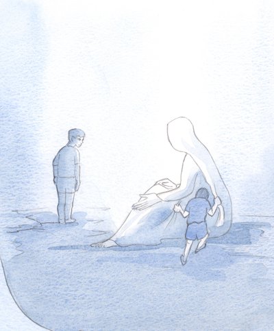 Om onze relatie met Maria te illustreren, zag ik een klein kind luidruchtig trekken, maar toch troost ontvangen; het andere kind, trots en wantrouwend, hield afstand, en miste zo haar hulp. door Elizabeth Wang