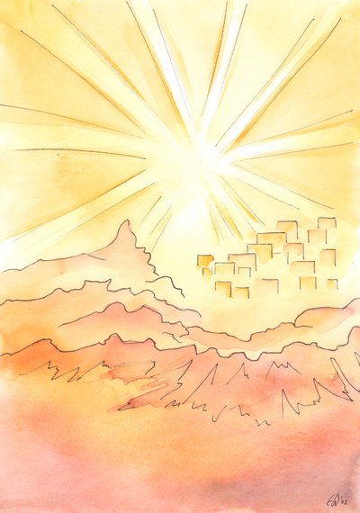 Op aarde leven in een zalige eenheid met God is leven alsof je aan de rand van de Hemelse Stad bent, op de bergtop, ver boven het donkere pad beneden door Elizabeth Wang