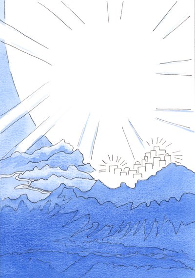Op aarde leven in een zalige vereniging met God is leven alsof aan de rand van de Hemelse Stad, op de bergtop, ver boven het donkere pad beneden door Elizabeth Wang
