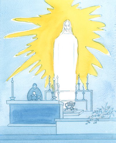 Waarlijk, Christus onze God is aanwezig voor ons, Lichaam, Bloed, Ziel en Godheid: Aanwezig in glorie bij elke Mis om tot de Vader te bidden namens ons door Elizabeth Wang