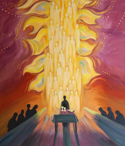 We voegen ons bij de Engelen tijdens de mis, die onze aanbidding echoën, alsof ze heldere vlaggen van vreugde zwaaien, terwijl we de glorieuze Opstanding van Christus vieren. door Elizabeth Wang