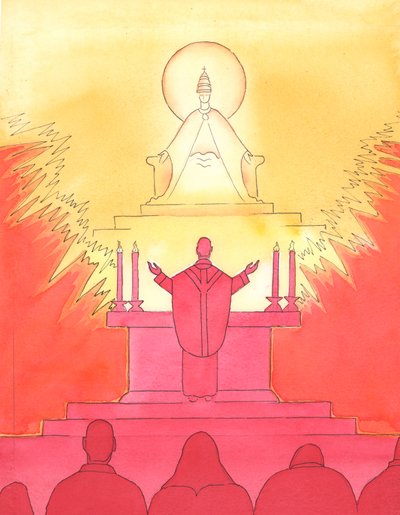 Wanneer priester en volk allemaal in dezelfde richting kijken tijdens de Mis, kijken ze allemaal samen, naar de Vader, om Hem te prijzen door Christus door Elizabeth Wang