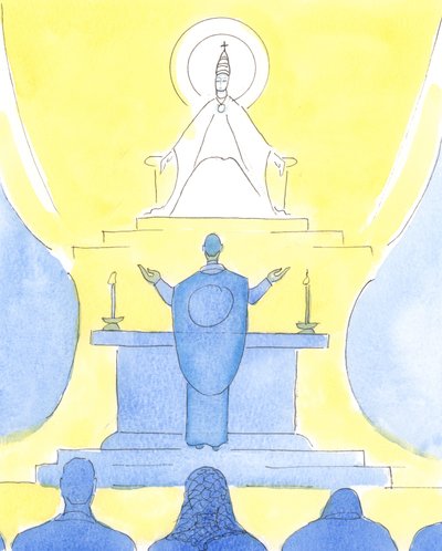 Wanneer priester en mensen allemaal in dezelfde richting kijken tijdens de Mis, kijken ze allemaal samen naar de Vader, om Hem te prijzen door Christus door Elizabeth Wang