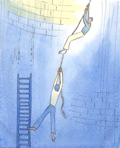 Wanneer iemand volhardt in voorbede voor een persoon in gevaar, is het alsof iemand zichzelf aan een touw laat zakken in een mijnschacht om iemand te redden die vastzit op een gebroken ladder door Elizabeth Wang