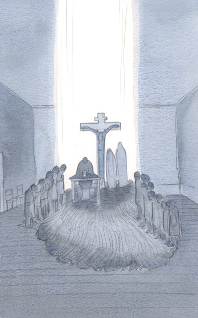 Wanneer we deelnemen en het ene, ontzagwekkende Offer aanbieden, vinden we Golgotha, hier bij het altaar door Elizabeth Wang