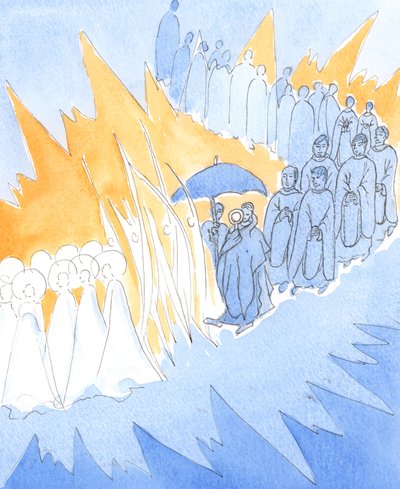 Wanneer we de Aanwezigheid van Jezus in het Heilig Sacrament eren, voegen de engelen en heiligen zich bij ons in onze aanbidding door Elizabeth Wang