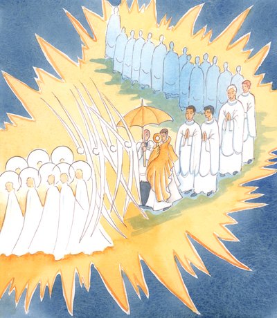 Wanneer we de Aanwezigheid van Jezus in het Heilig Sacrament eren, voegen de engelen en heiligen zich bij ons in onze aanbidding door Elizabeth Wang