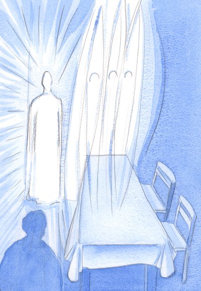 Met Zijn Heilige Engelen kijkt Christus bewonderend toe terwijl we bidden; Hij verbergt Zijn liefde terwijl Hij ons helpt in geloof te groeien door Elizabeth Wang