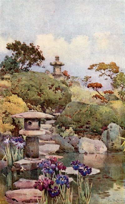 Een tuin in Tokio (kleurenlitho) door Ella Du Cane