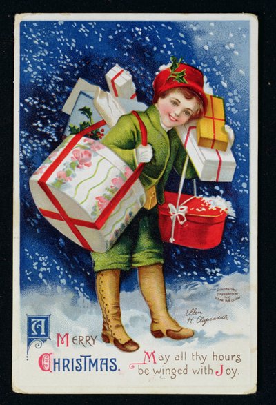 Jongen met cadeaus, vroege 20e-eeuwse kerstkaart (kleurgravure) door Ellen Hattie Clapsaddle