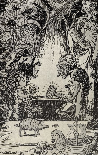 Het Derde Geschenk een Enorme Hamer, illustratie uit Myths from Many Lands, gepubliceerd 1912 door Elmer Boyd Smith