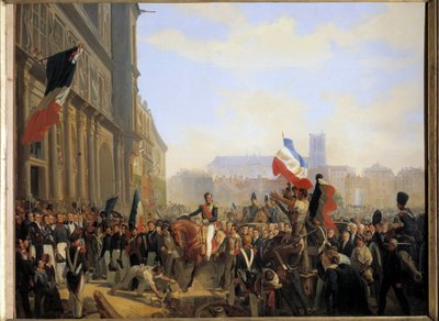 Revolutie van juli 1830: Louis Philippe, hertog van Orléans (die koning van Frankrijk werd Louis Philippe I) (1773-1850), luitenant-generaal van het koninkrijk arriveerde op het stadhuis van Parijs, 31 juli door Eloi Firmin Feron