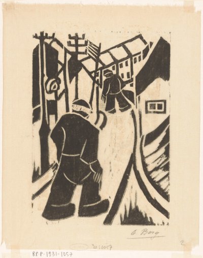 Twee figuren in dorpsstraat door Else Berg (signed by artist)